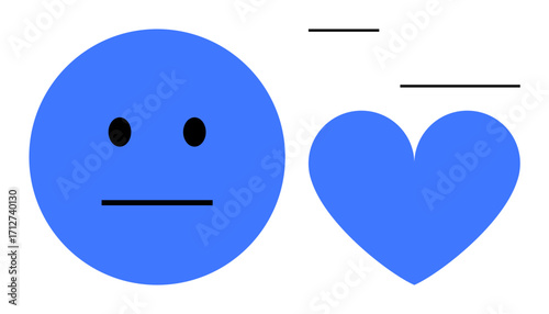 Minimalistic blue face with neutral expression next to a heart, offset by lines signifying movement. Ideal for emotion study, balance, psychology, design, communication, expression, simple landing