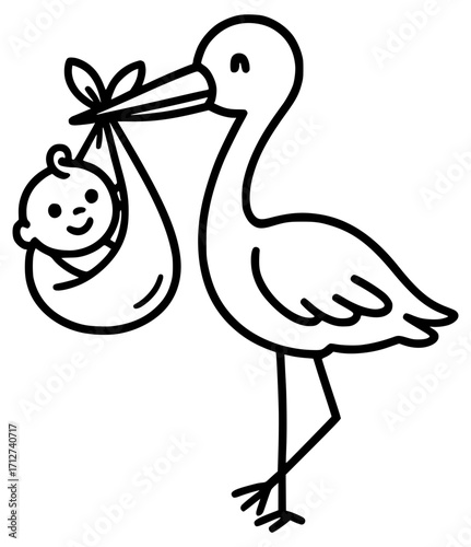 An illustration of a stork holding a small child