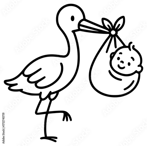 An illustration of a stork holding a baby in a swaddling cloth
