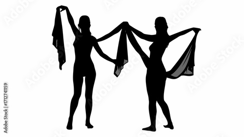 Two silhouette women gracefully holding a flowing fabric in a synchronized dance performance art form | editable eps vectors