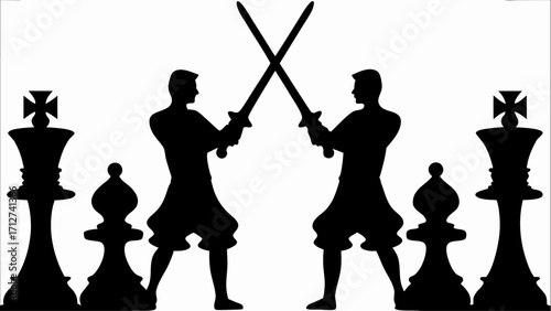 Silhouetted chess pieces flank two fencers with crossed swords in a dynamic black and white image | editable eps vectors