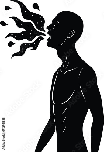 Silhouette of a Man Yelling with Flames Coming Out of His Mouth on white background