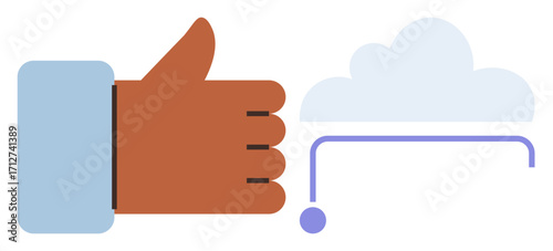 Hand giving a thumbs-up next to a cloud with a connecting line. Ideal for approval, feedback, cloud service, technology, user interaction, networking, connectivity. Simple flat metaphor