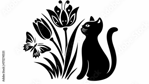 Silhouette of a cat sitting next to flowers and a butterfly in a black and white illustration style | editable eps vectors