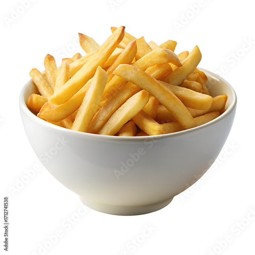 Crispy Golden French Fries in White Bowl on Transparent Background