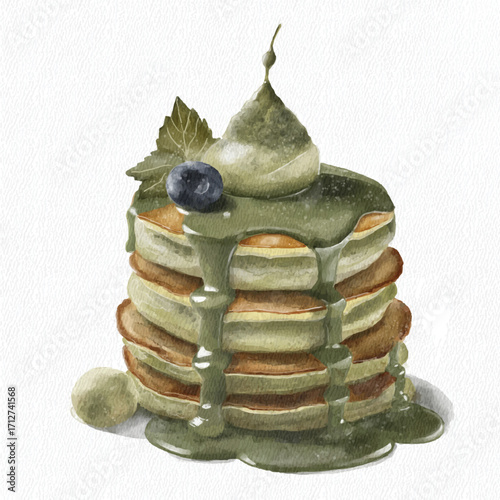 Matcha Pancakes with Blueberry and Matcha Cream