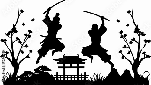 Silhouette of two samurai warriors in mid air duel with swords near a pagoda and cherry blossom trees | editable eps vectors
