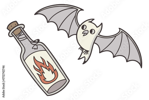 Cartoon flying bat with grey wings and a corked bottle containing a stylized flame.