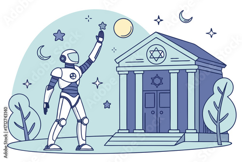 Futuristic white and blue robot reaching for a star beside a classical synagogue with Star of David.