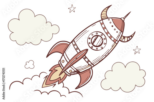 Handdrawn retro rocket with horns and porthole ascending featuring reddishbrown fins and beige exhaust flame.
