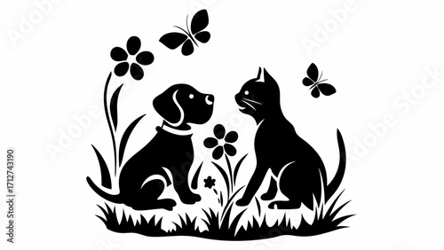 Silhouette of a dog and cat sitting among flowers and butterflies in a black and white illustration | editable eps vectors