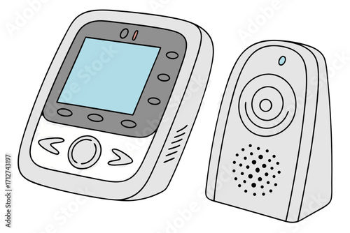 Illustrated baby monitor system light gray parent unit with blue screen matching camera unit essential nursery tech.