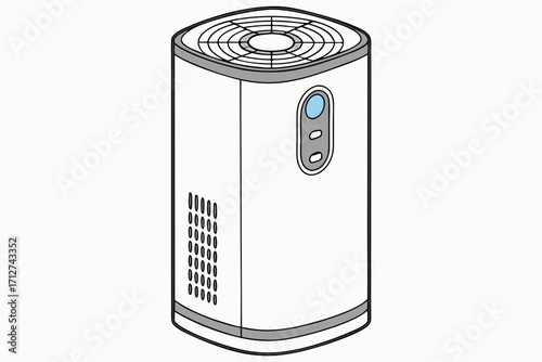 Modern white rectangular air purifier illustration with top fan grille and blue control button.