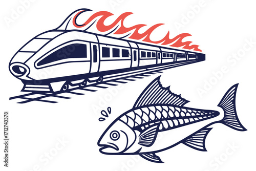Modern highspeed train with fiery red waves and a wideeyed surprised fish vector illustration.