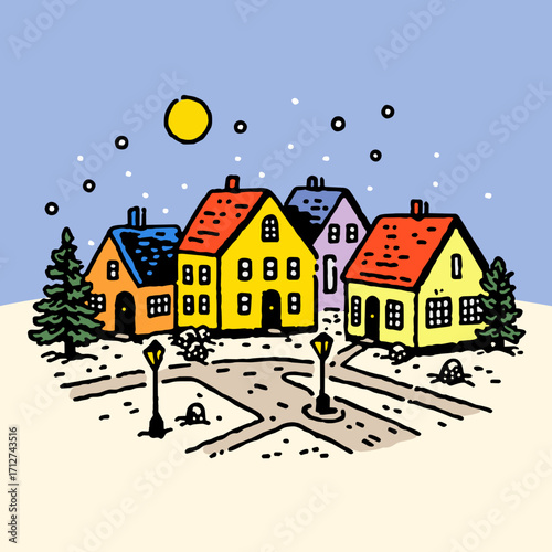 A charming cartoon illustration depicts a cluster of brightly colored houses nestled in a snowy village with a yellow sun in a clear blue sky and falling snowflakes