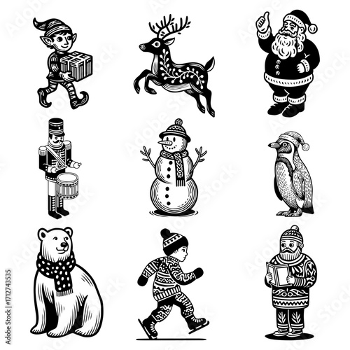 A collection of nine black and white linocut style illustrations featuring popular Christmas characters and winter elements on a white background