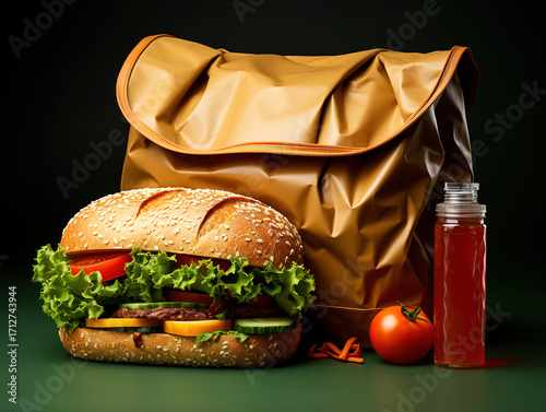 Nutritious packed lunch in a brown bag with wholesome snacks for school