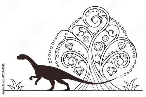 Stylized dark silhouette dinosaur walking near an ornate jeweled tree with diamonds.