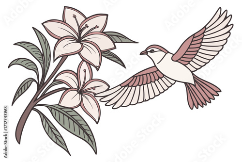 Stylized flying bird with spread wings and blooming light pink lily flowers detailed vector illustration.