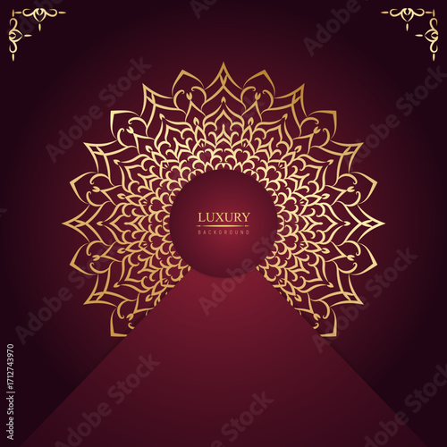 Luxury mandala design with golden intricate pattern on a dark red background