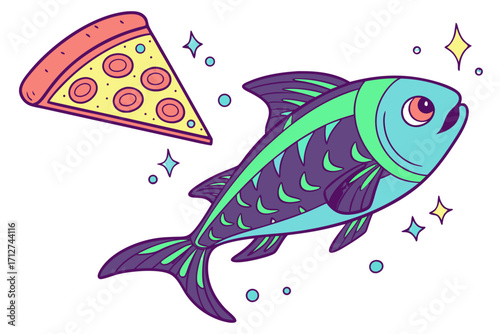 Vibrant cartoon fish with purplegreen scales and blue head swimming near a pepperoni pizza slice.