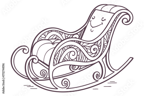 Whimsical rocking chair illustration with smiling face and intricate decorative patterns.