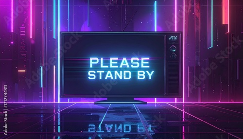 Neon lit television screen displaying 'PLEASE STAND BY' in a futuristic room with purple and blue neon lights.