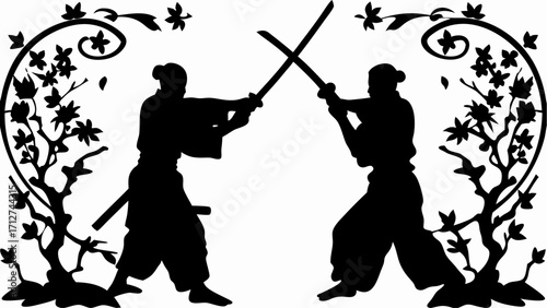 Silhouette of two samurai warriors in a sword fight with floral designs on a white background image design | editable eps vectors