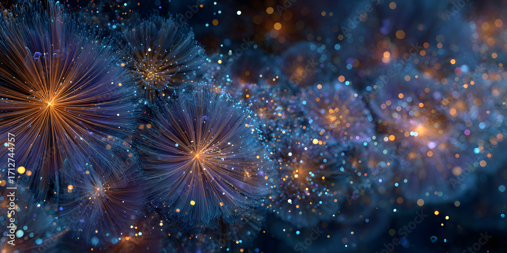 Fototapeta premium Abstract background new year, Blue and gold fireworks and celebrating holiday, copy space, generative ai