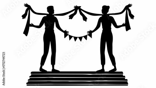 Silhouette of two figures holding a banner and draped fabric on a layered platform in black and white | editable eps vectors