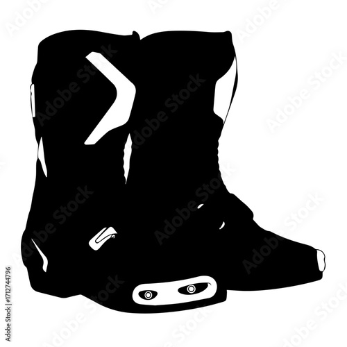 Black and White Motorcycle Boot Silhouette with Protective Features and Design.