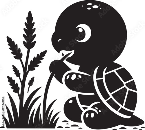 Adorable baby turtle nibbling grass surrounded by reeds and foliage in a charming black and white graphic style