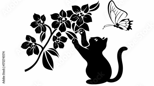 Silhouette of a cat reaching for flowers on a branch with a butterfly flying nearby in monochrome style | editable eps vectors