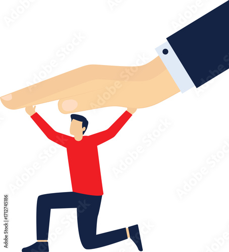 Resistance and conflict, business or professional bullying bullies, businessmen on their knees trying to fight the pressure of big hands

