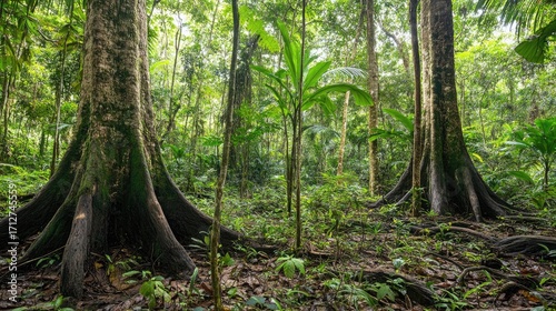 Vibrant Rainforest Giants: Massive Buttress Roots and Lush Green Canopy Bathed in Dappled Light