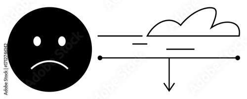 Sad face with a downward arrow beneath a cloud indicating sadness, stress, loss, or negative thoughts. Ideal for mental health, mindfulness, depression, therapy, self-care emotional awareness