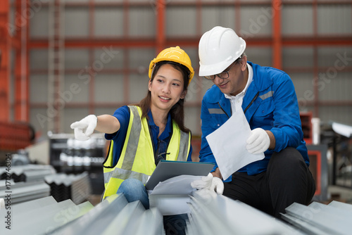 Group of factory worker inspecting quality galvanized roof or metal sheet in factory. Male and female worker working checking metalwork sheet in factory storage facilities