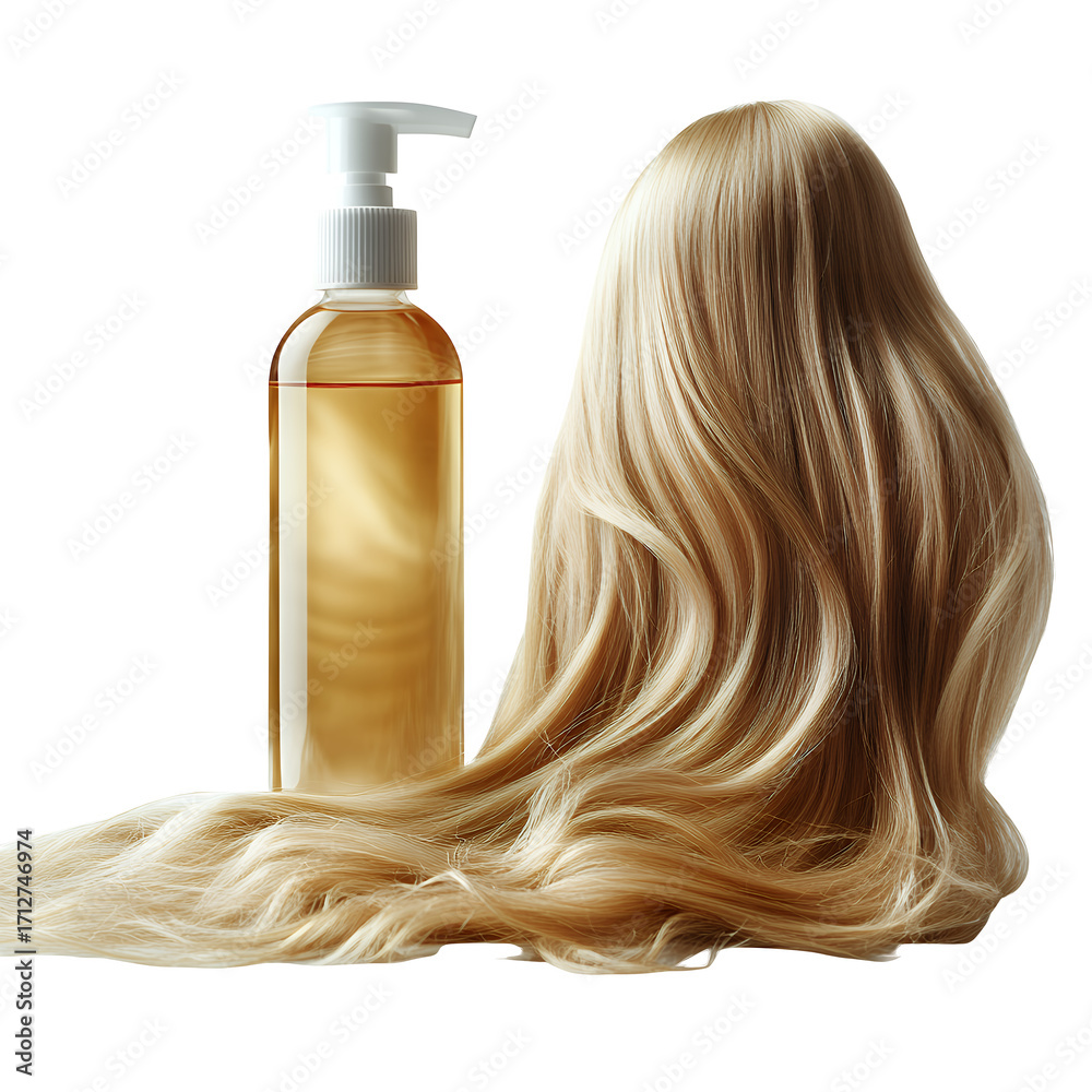 Fototapeta premium Blonde Wavy Hair Extension With A Clear Bottle Of Hair Oil With Pump Against A Transparent Background