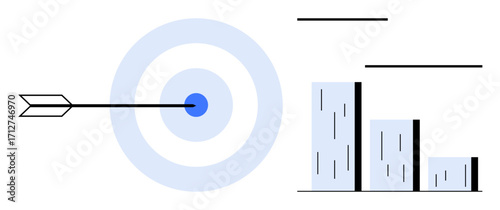 Arrow precisely hitting target with bar chart illustrating growth and success. Ideal for business, progress, analytics, strategy, goals, performance, data-driven planning. A simple flat metaphor
