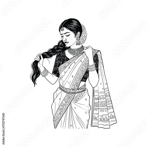 Beautiful Indian Woman in Traditional Saree Black and White Line Art Illustration