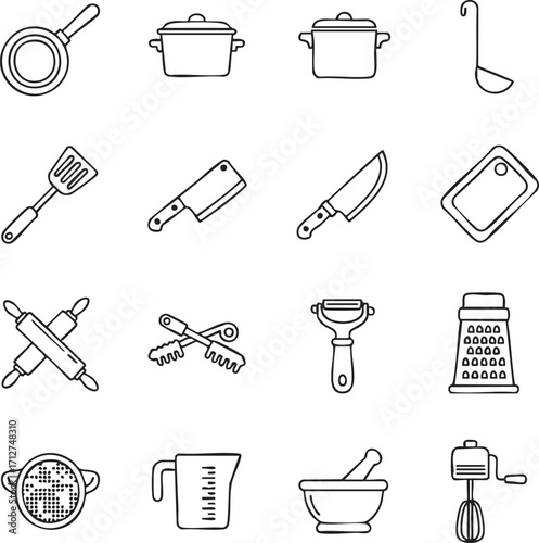 Collection of hand drawn kitchen utensils and cooking tools