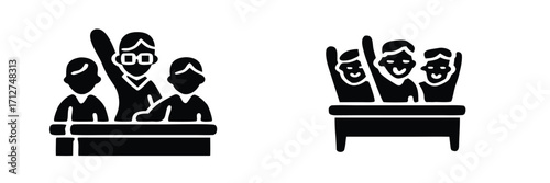 Classroom participation solid glyph icon set with students raising hands to ask questions or volunteer during a lesson 
