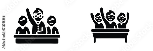 Classroom participation solid glyph icon set with students raising hands to ask questions or volunteer during a lesson 

