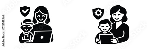 Parental control and online safety icon set with mother and child using a laptop for secure internet browsing and family protection 
