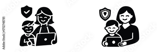 Parental control and online safety icon set with mother and child using a laptop for secure internet browsing and family protection 
