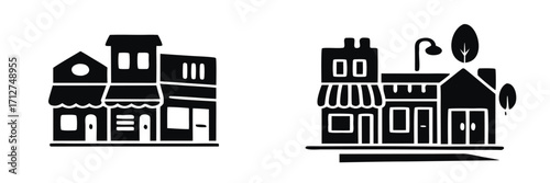 Set of black and white storefront icons representing a small town main street with various building facades and shops 

