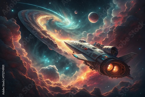Futuristic spaceship navigates through a vibrant cosmic nebula