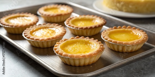 Chinese egg tarts: A shot of several miniature tartlets with golden filling, on a metal tray. 