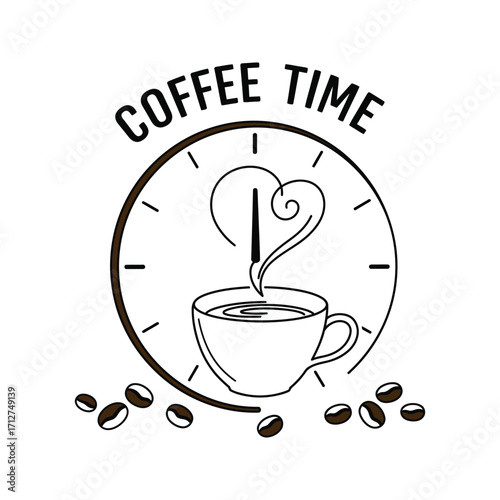 Coffee Time Steaming Cup of Coffee in a Clock Design Coffee Beans