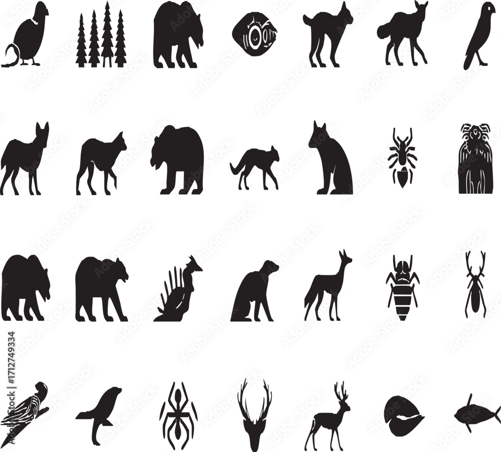 Naklejka premium Black silhouette vector icons of wildlife animals and insects